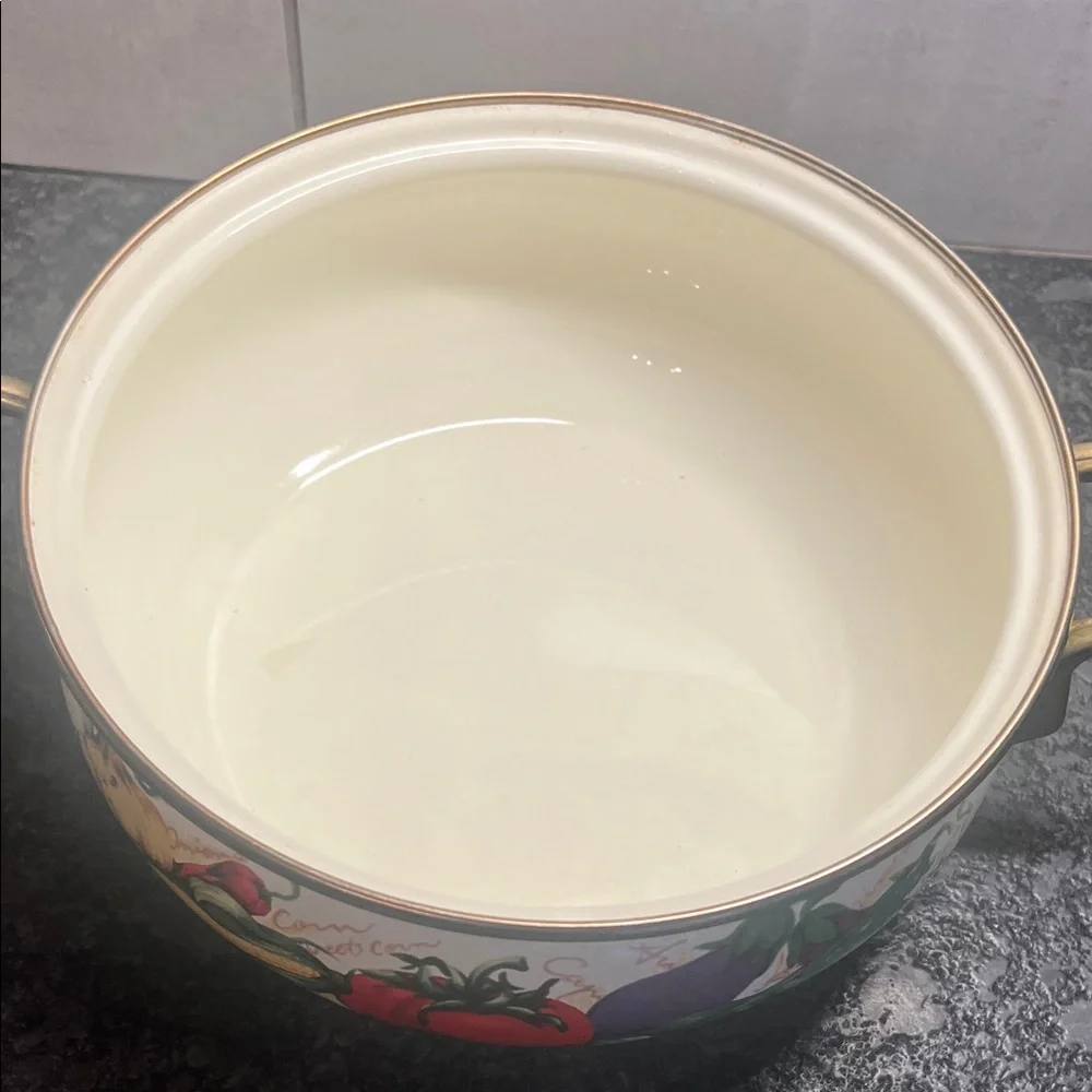 Farmers Market Vegetable Design Enamel Casserole Pot with Lid. Brass handles